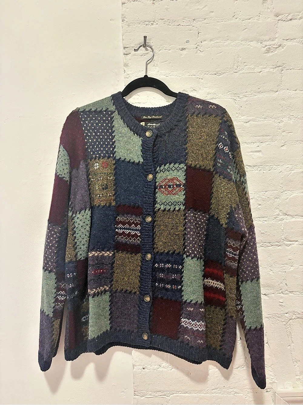 Eddie Bauer Deer Bay Patchwork 100% Wool Cardigan